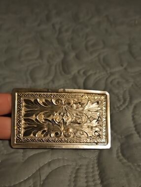 Engraved Ornate Rectangular Belt Buckle - Gold Tone